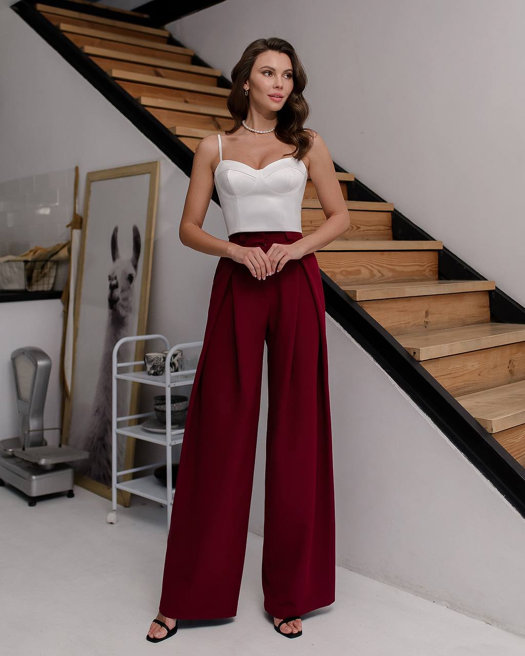 Burgunderrote Hose mit weitem Bein für Damen, Hose mit hoher Taille, starke Damenhose