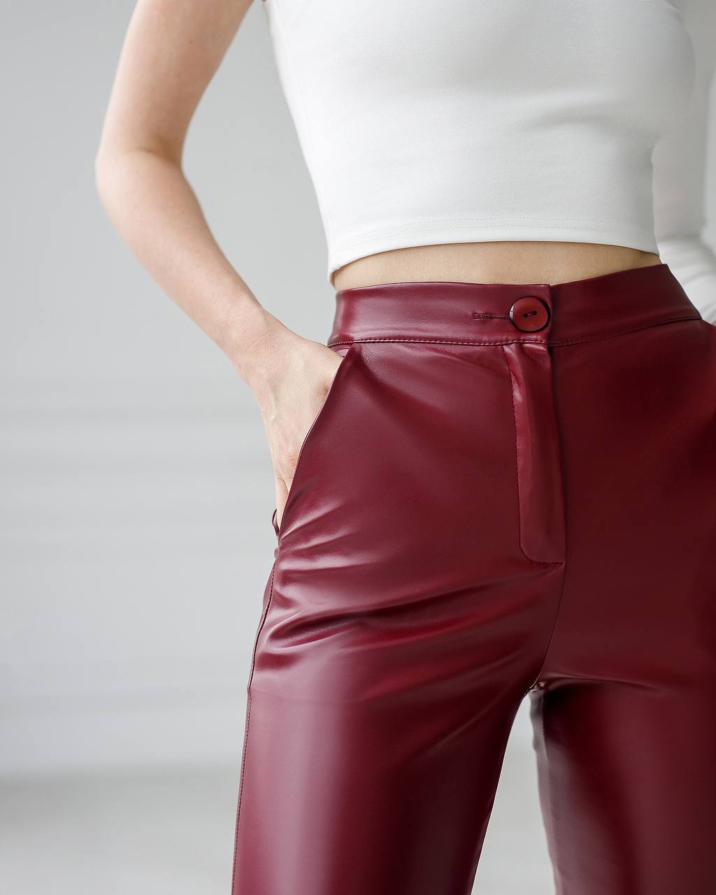 Women Bell Bottom Leather Pants , Khaki high waisted pants