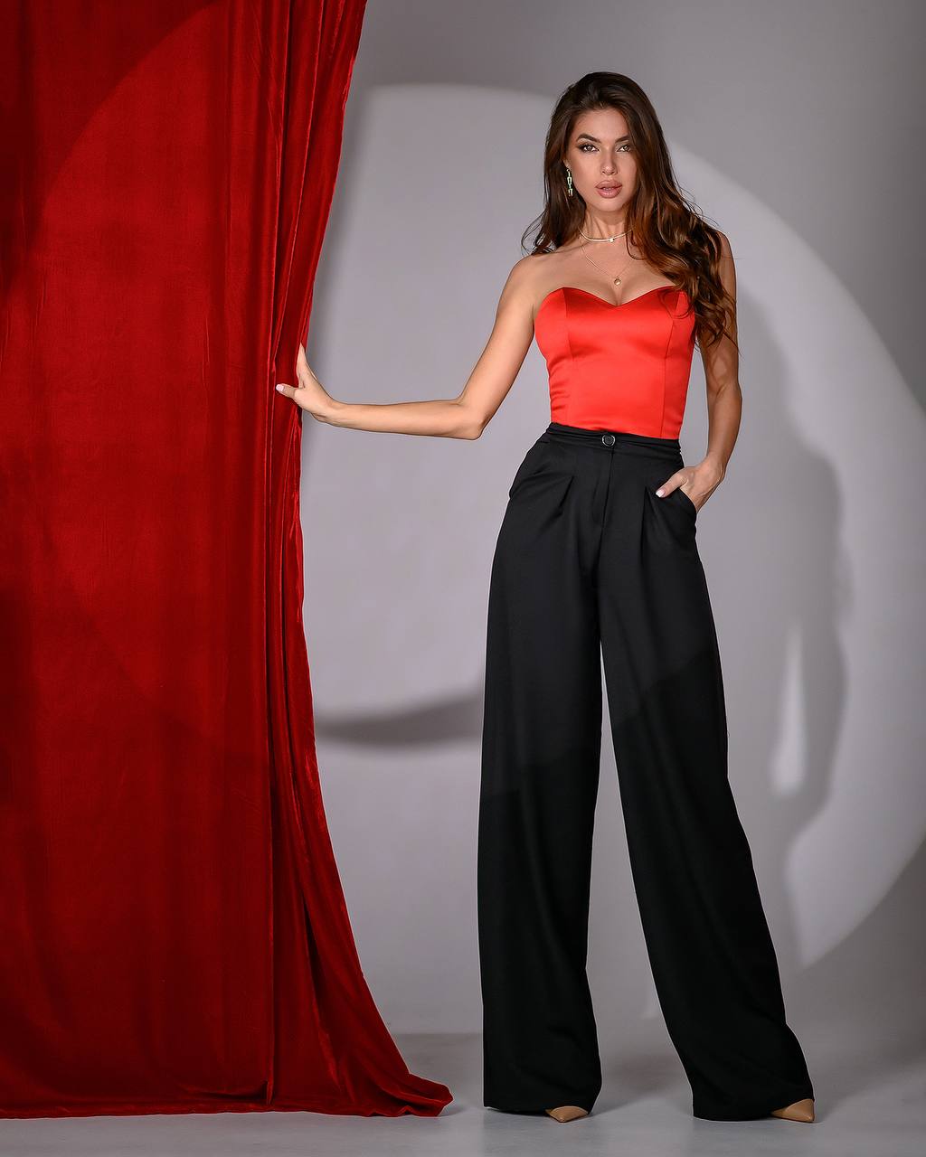 Burgunderrote Hose mit weitem Bein für Damen, Bürohose für Damen, Hose mit hoher Taille