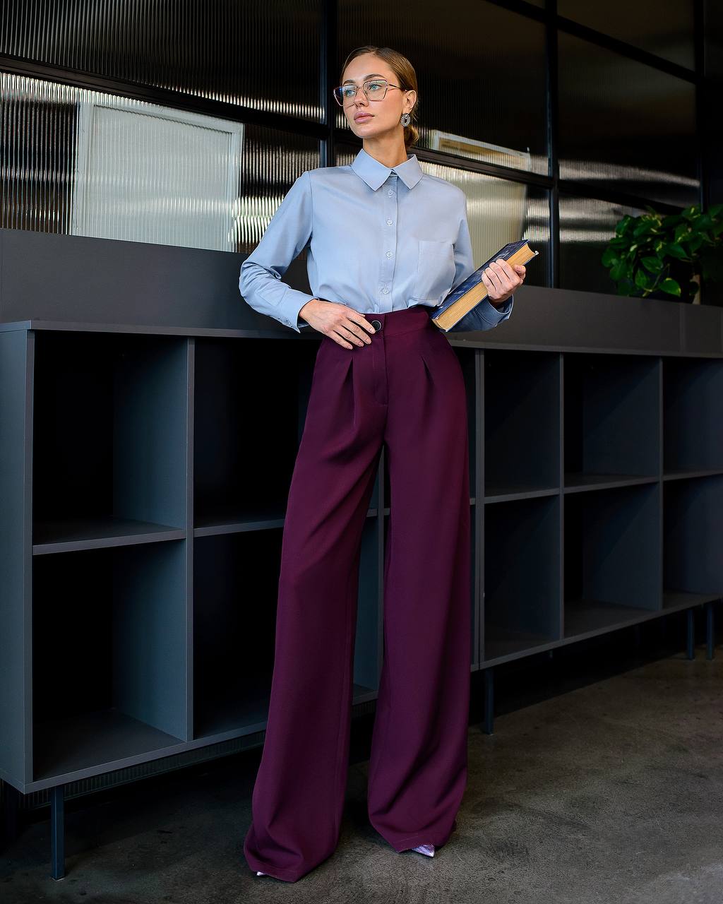 Burgunderrote Hose mit weitem Bein für Damen, Bürohose für Damen, Hose mit hoher Taille