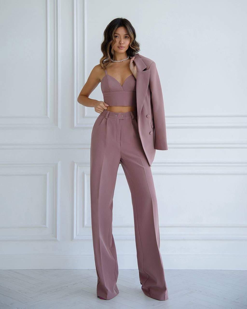 Mokko Dreiteiliger Hosenanzug|Gefütterter Blazer mit Hosen-Top