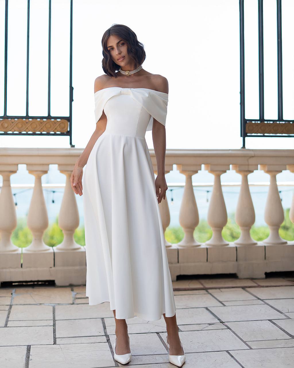 Bridal Off Shoulder Midi Dress with Bow Details
