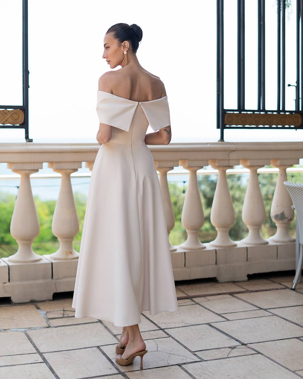 Bridal Off Shoulder Midi Dress with Bow Details