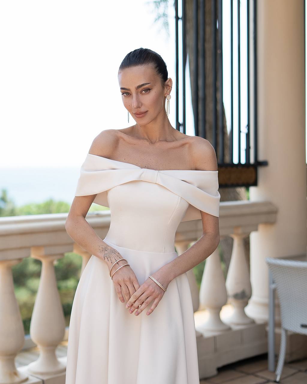 Bridal Off Shoulder Midi Dress with Bow Details