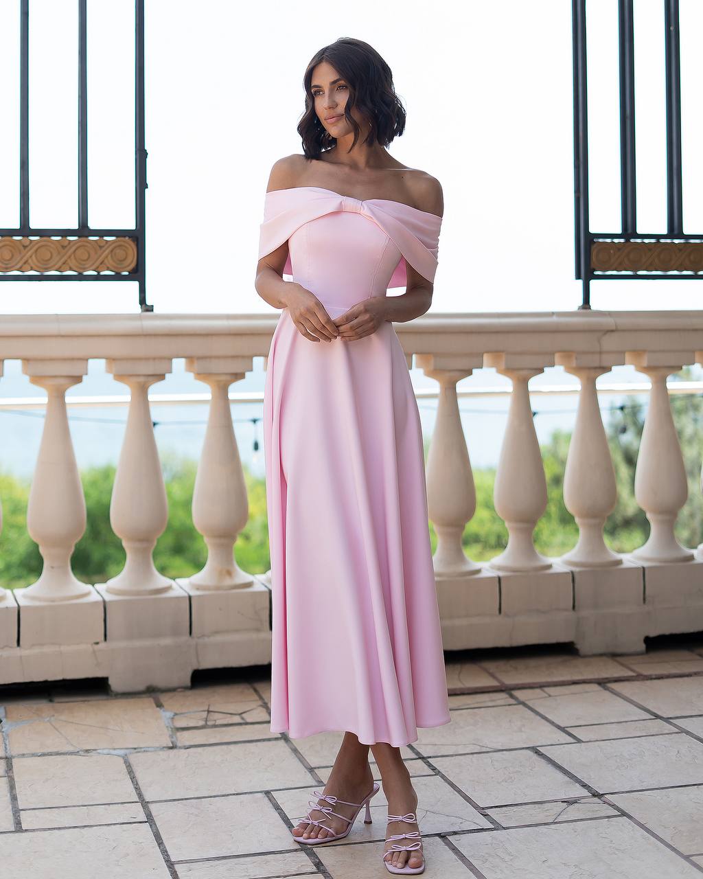 Off Shoulder Midi Dress with Bow Details