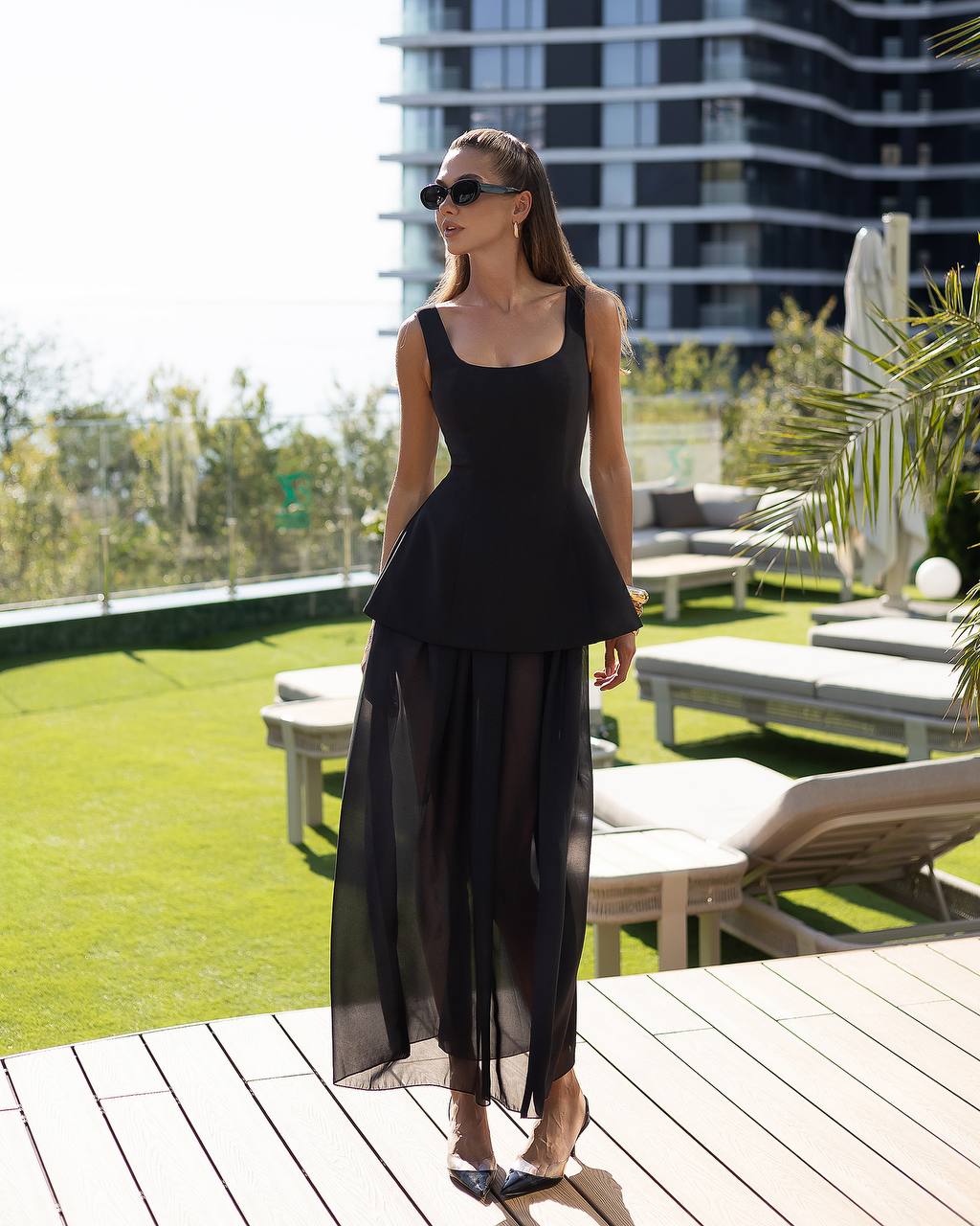 Black Maxi Dress with Cape and Chiffon Skier