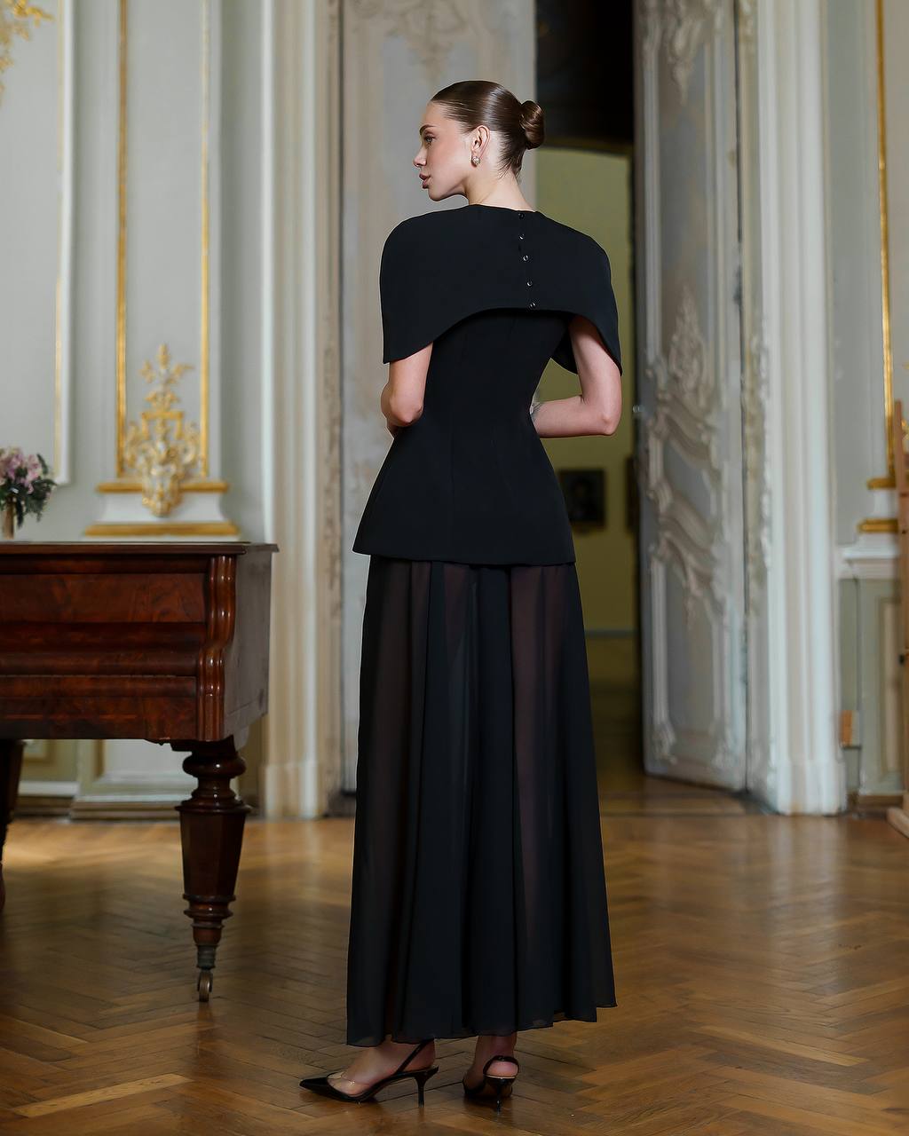 Black Maxi Dress with Cape and Chiffon Skier