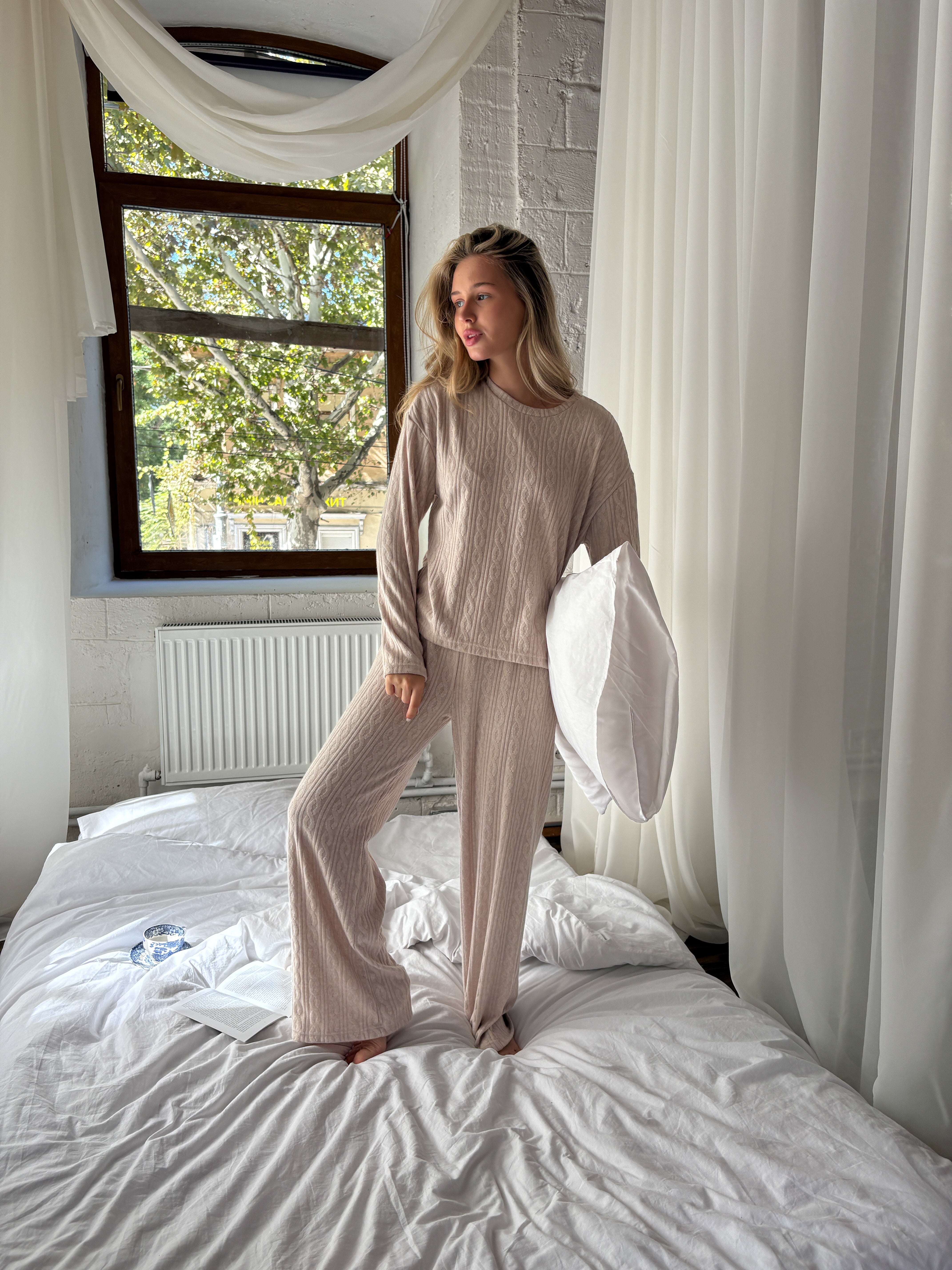 Warm Cotton Loungewear:Knit Shirt with Pants