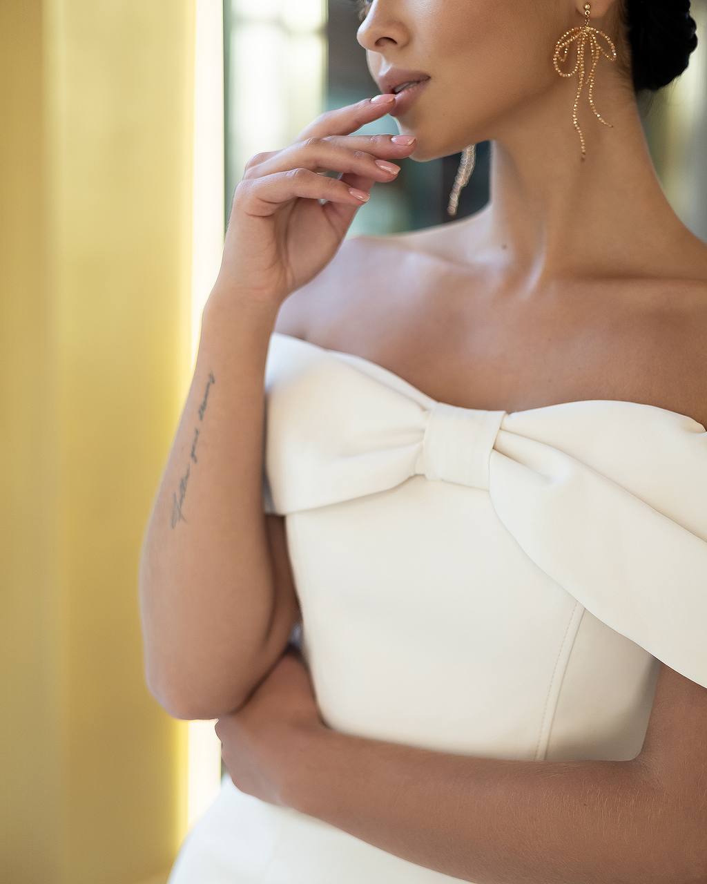 Ivory Cream Sheath Off Shoulder Bow Dress