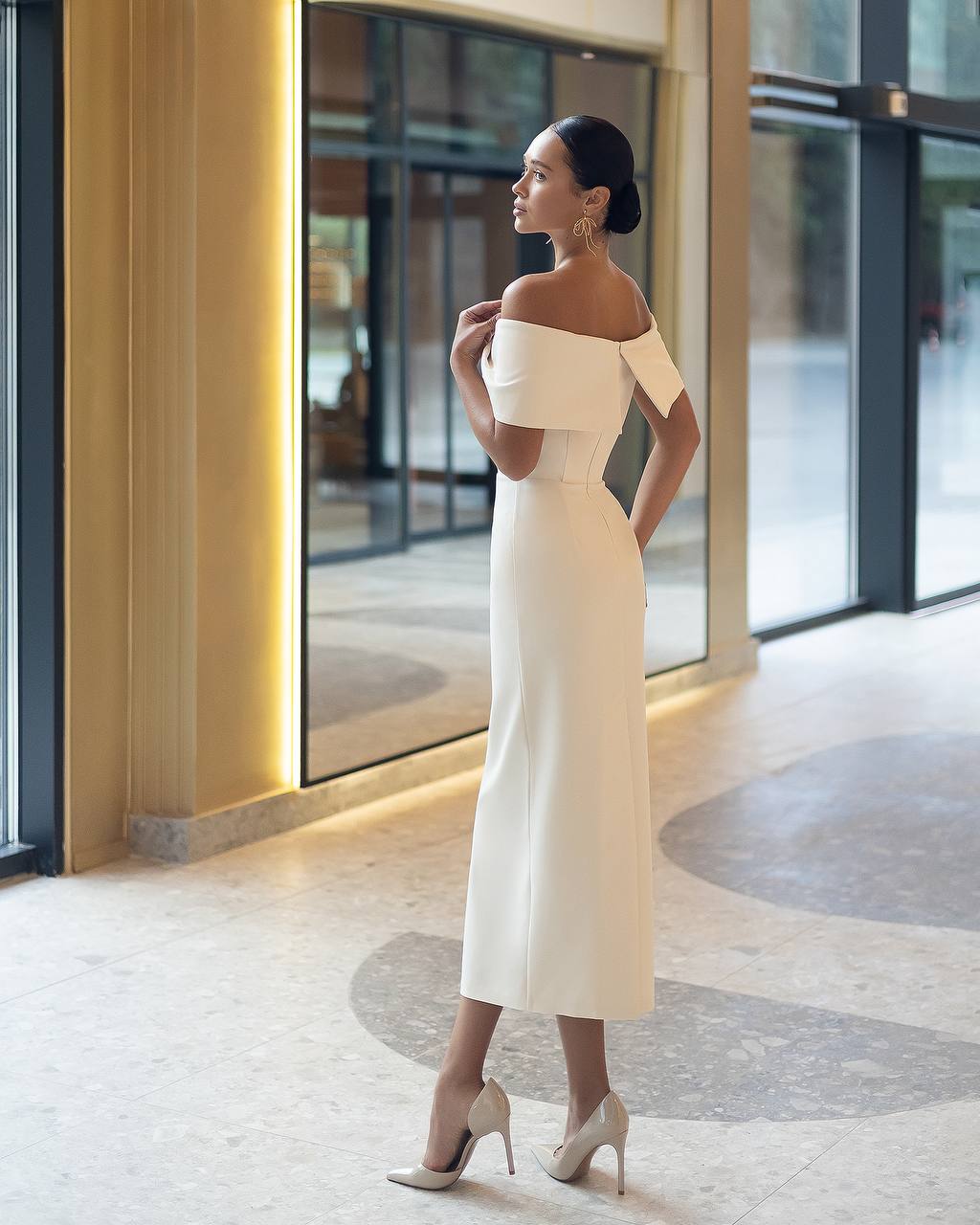 Ivory Cream Sheath Off Shoulder Bow Dress