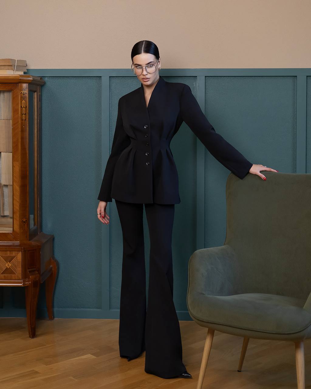 Two Piece Pant Suits- Structured Blazer with Bell Bottoms