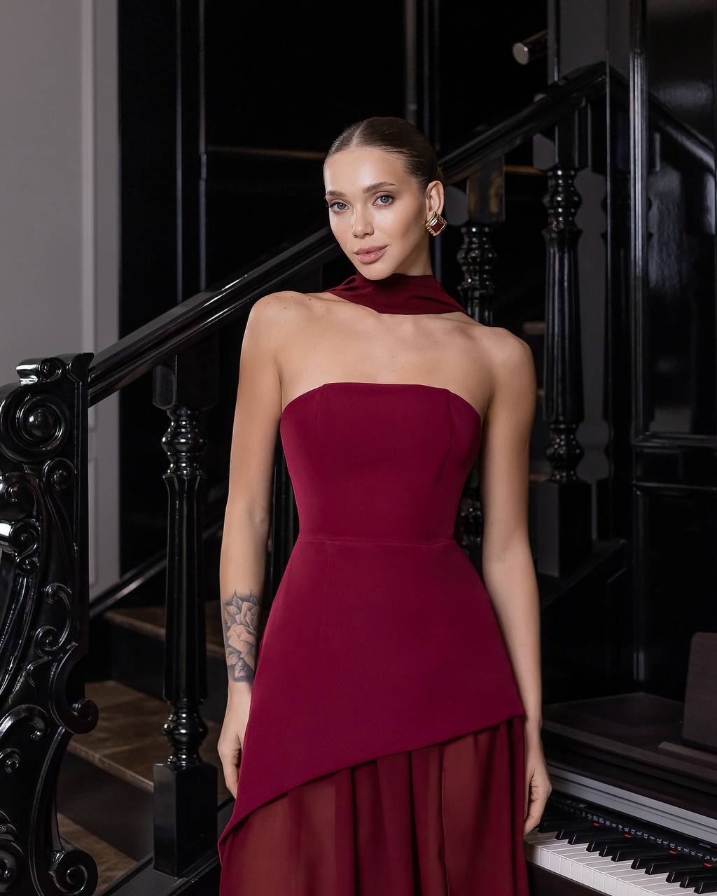 Strapless Maxi Dress with Scarf and Sheer Skirt