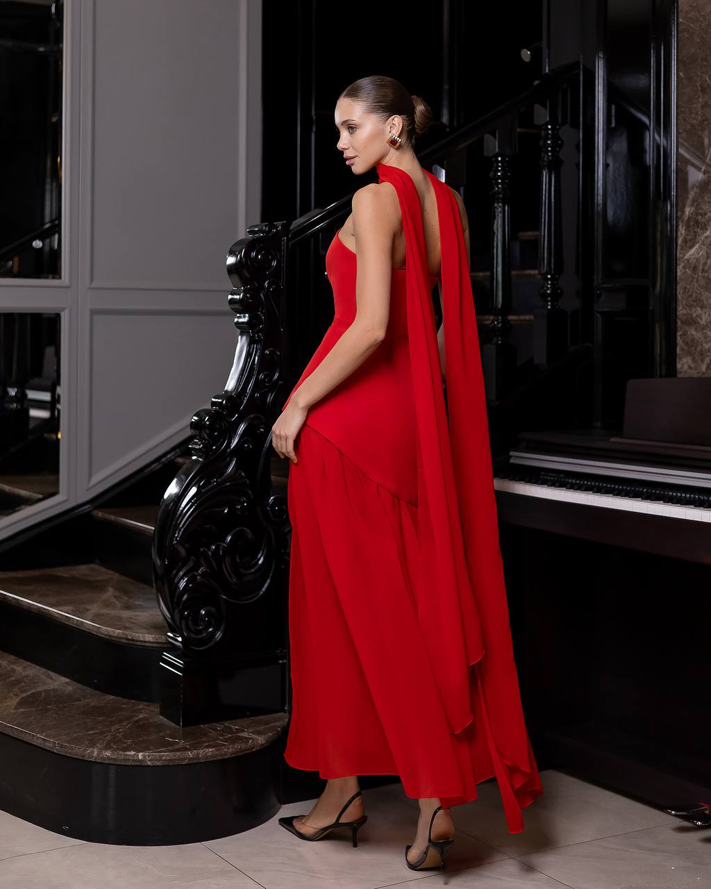 Strapless Maxi Dress with Scarf and Sheer Skirt