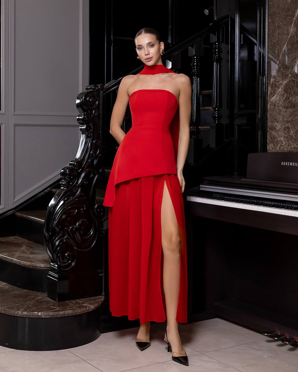 Strapless Maxi Dress with Scarf and Sheer Skirt