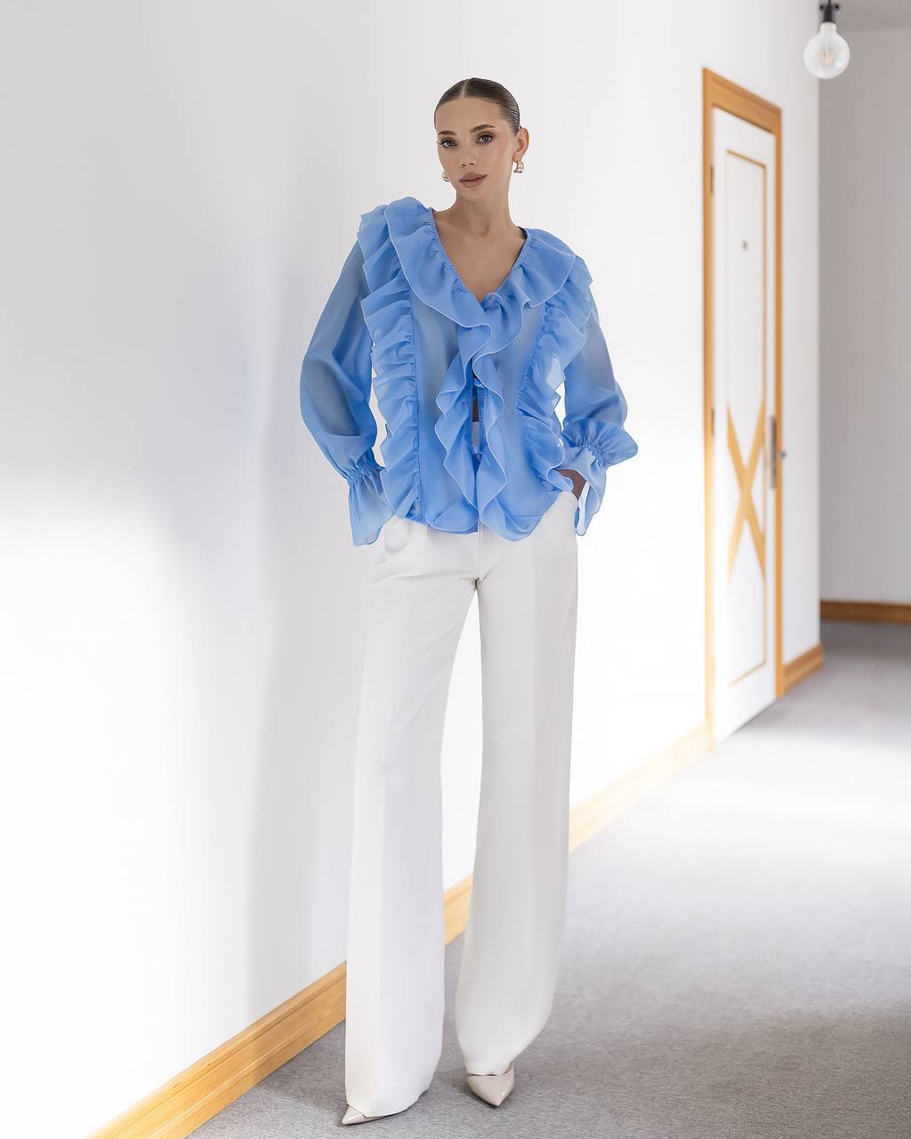 Women Ruffle Blouse with Front Tie Up