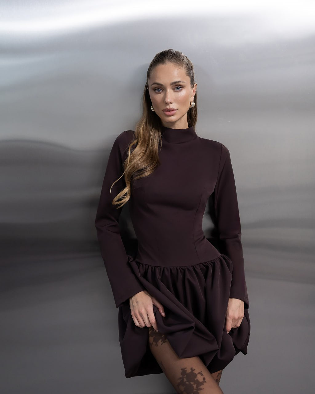 Women Mini Dress with Long Sleeve and Wide Skirt