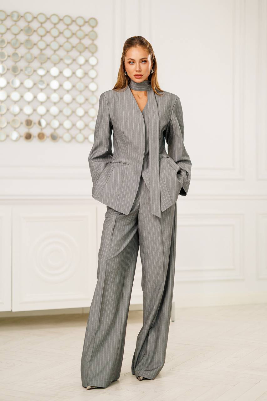 Women Striped Suit | Wide Leg Pants and Fitted Blazer