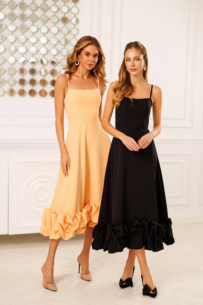 Women A-Line Midi Dress with Ruffles on the bottom