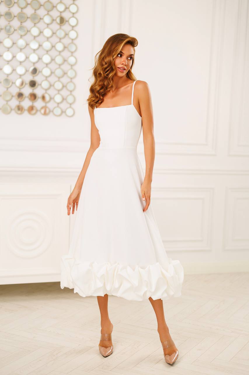 White A-Line Midi Dress with Ruffles