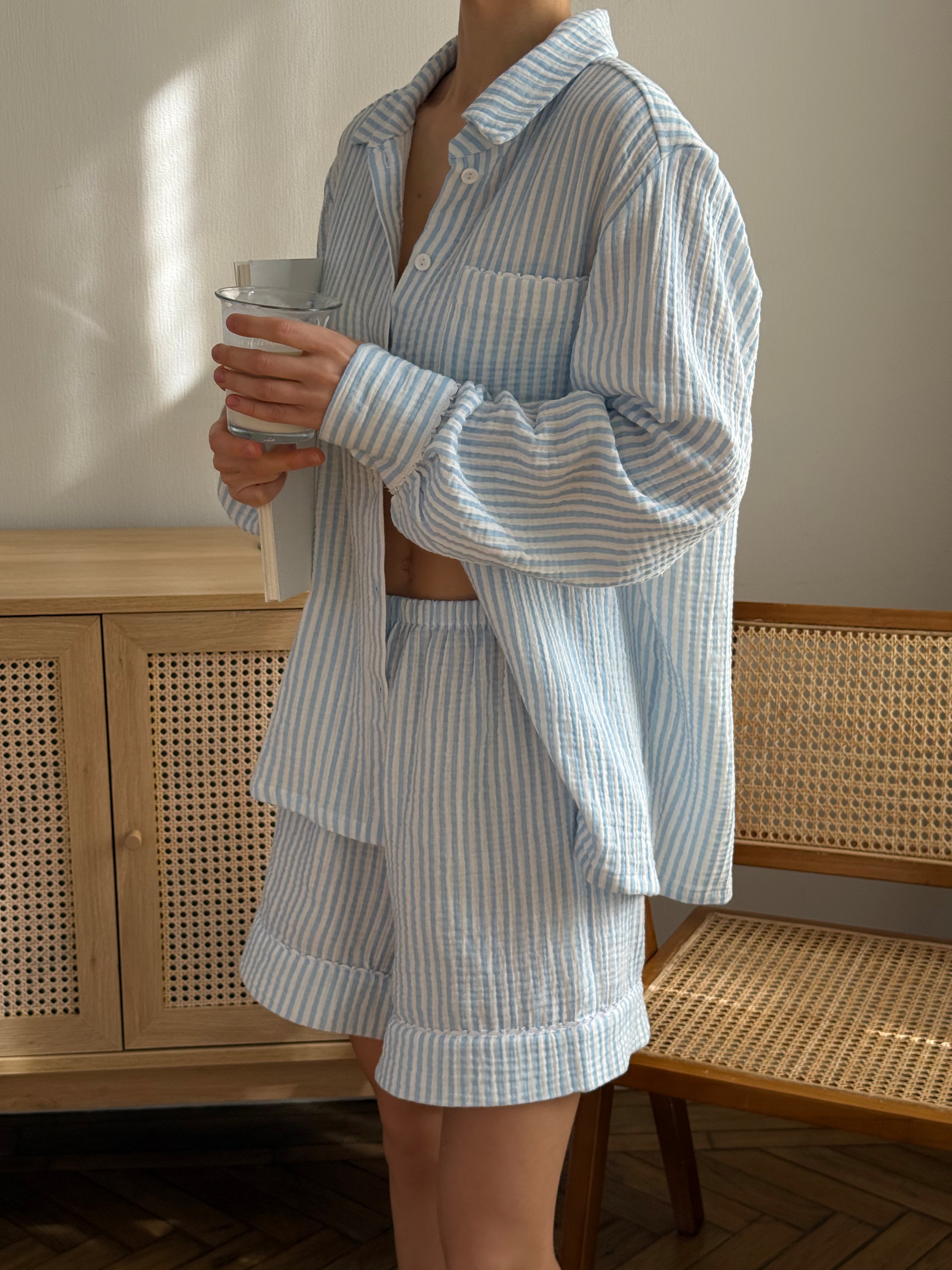Blue Striped Cotton Pajama Set