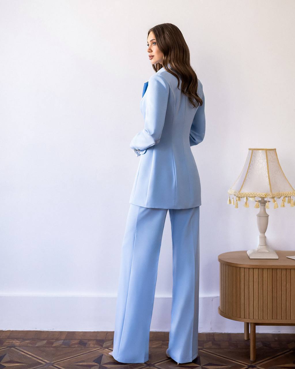 Women Two Piece Suit: Gold Button Blazer & Wide Leg Pants