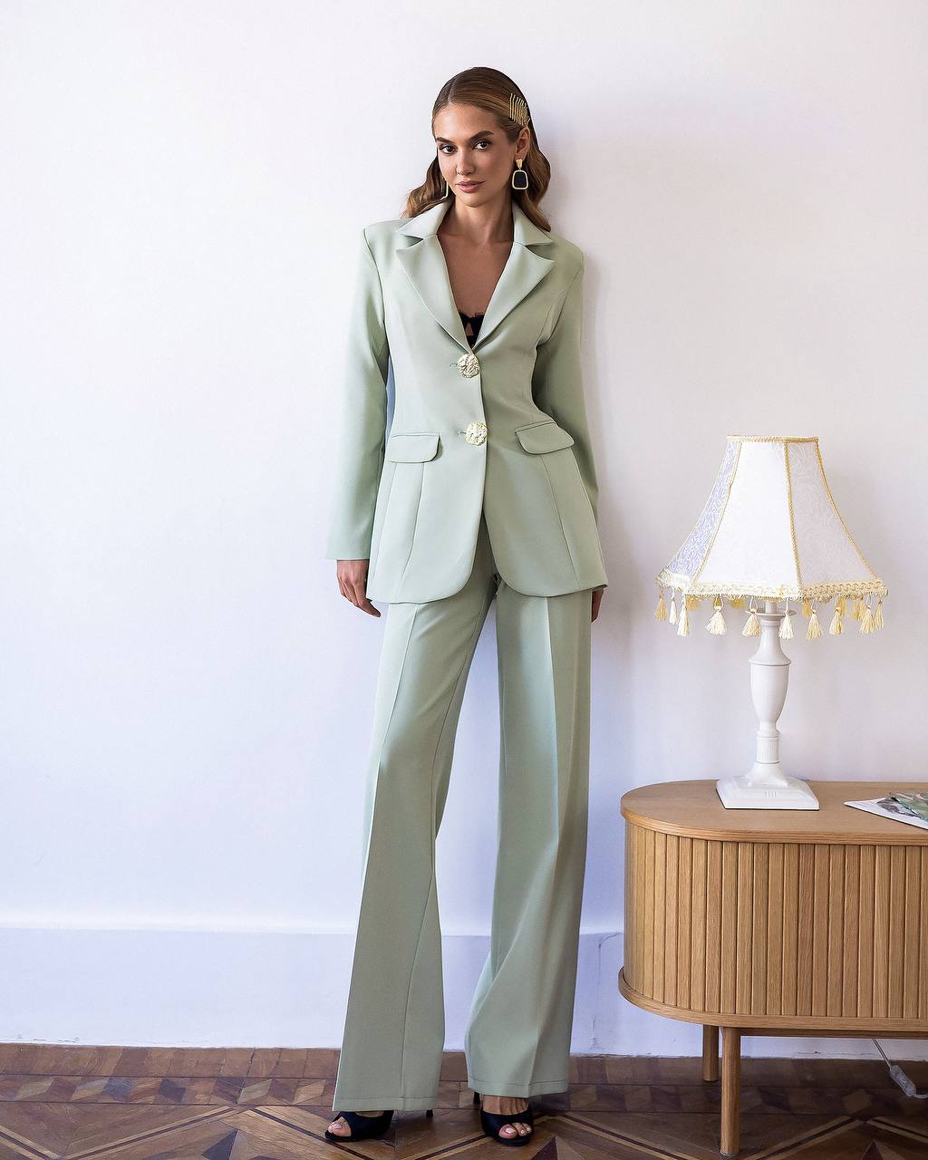 Classic Two Piece Suit: Gold Button Blazer & Wide Leg Pants