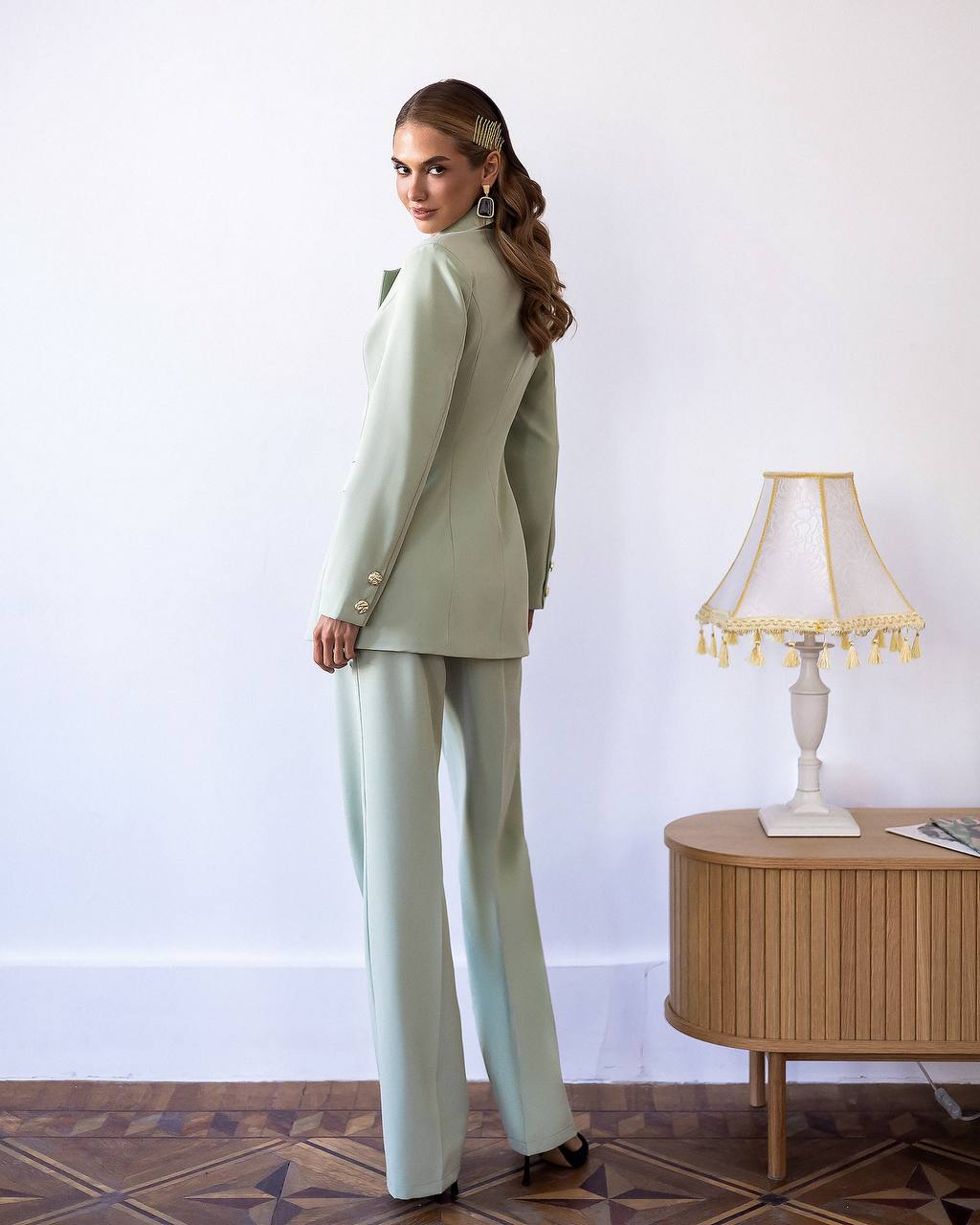Classic Two Piece Suit: Gold Button Blazer & Wide Leg Pants