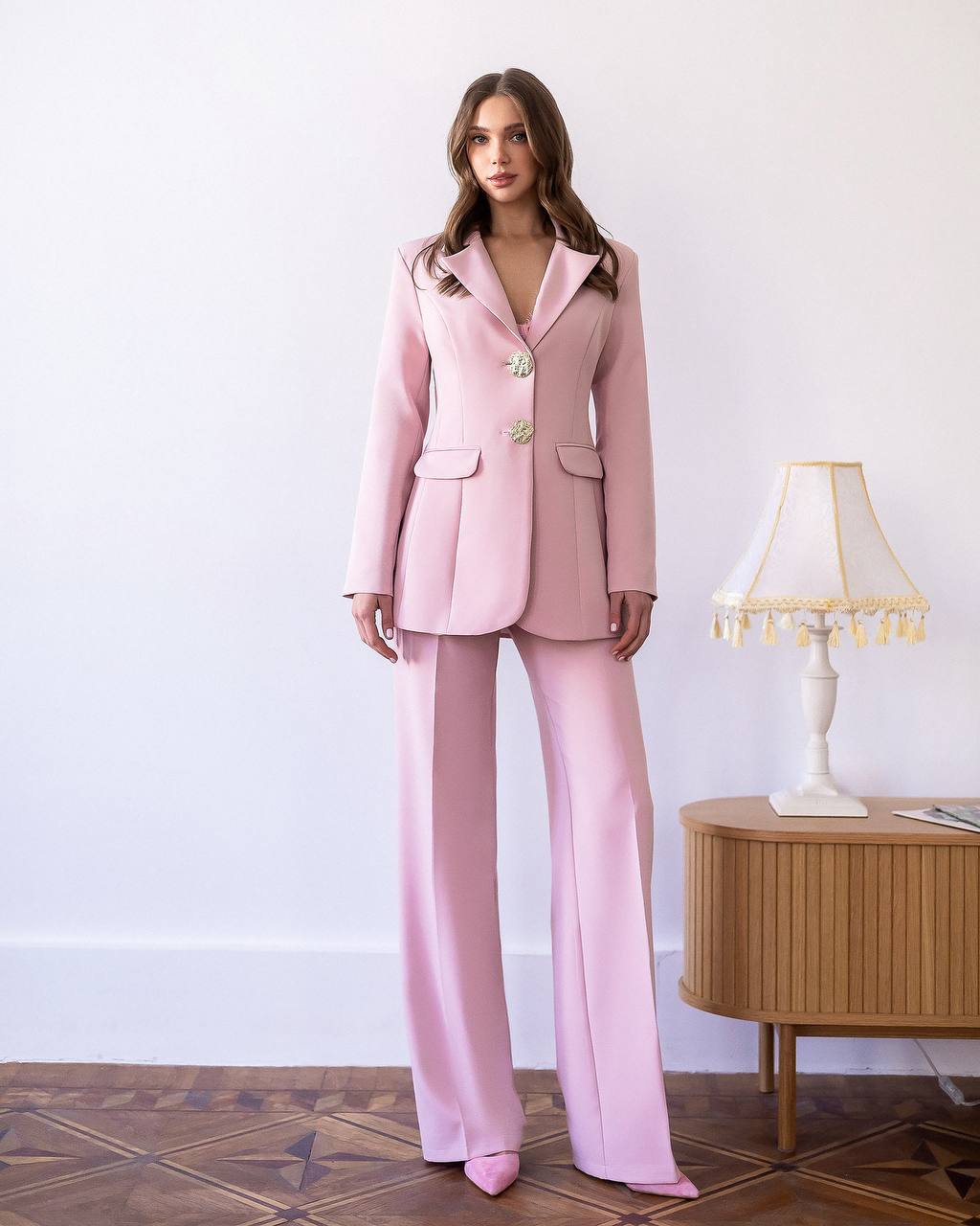 Women Two Piece Suit: Gold Button Blazer & Wide Leg Pants