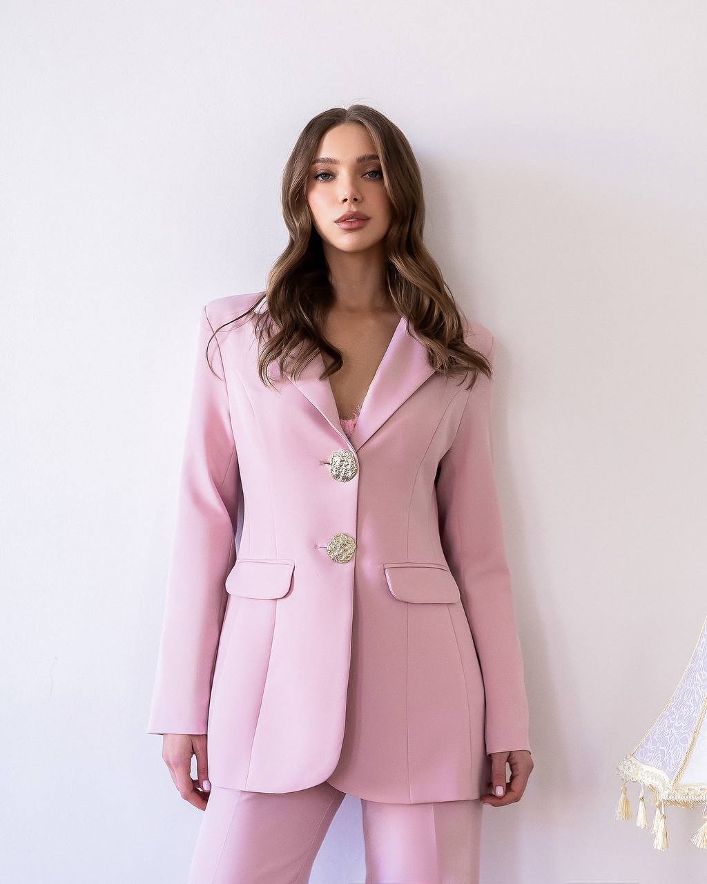 Women Two Piece Suit: Gold Button Blazer & Wide Leg Pants