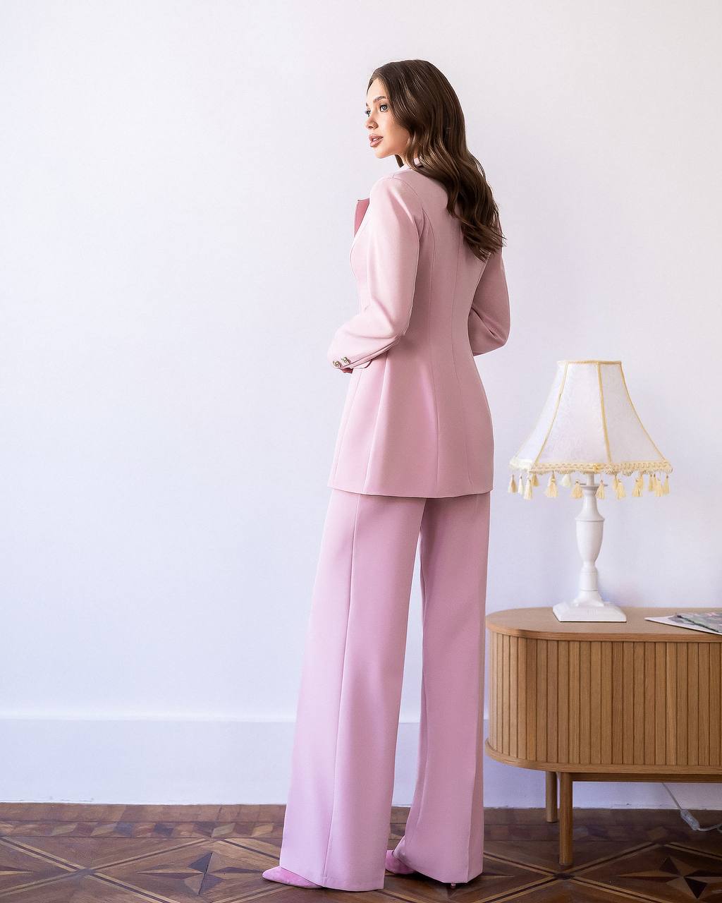 Women Two Piece Suit: Gold Button Blazer & Wide Leg Pants