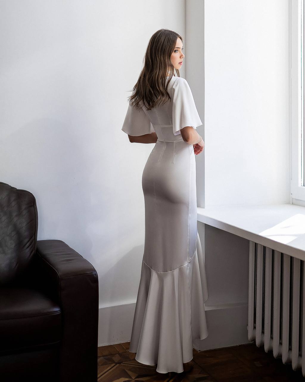 White Satin Midi Ruffle Dress with Short Sleeves