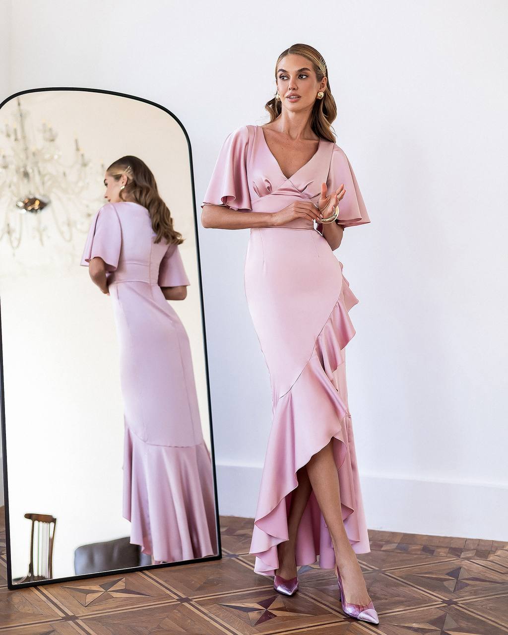 Women Ruffle Midi Dress with Deep V Neck