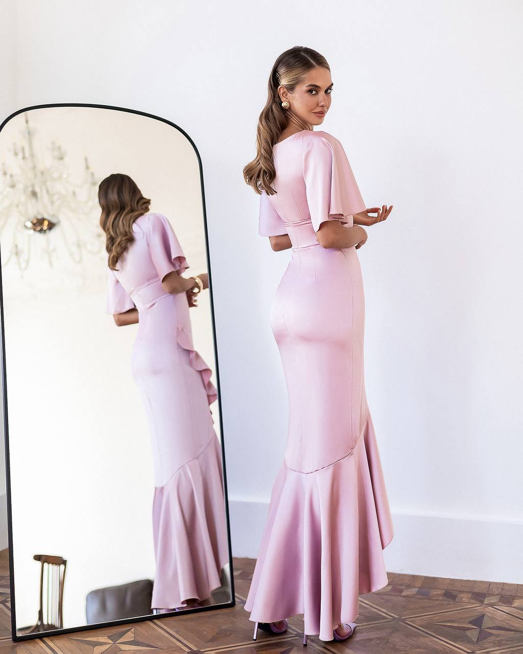 Women Ruffle Midi Dress with Deep V Neck