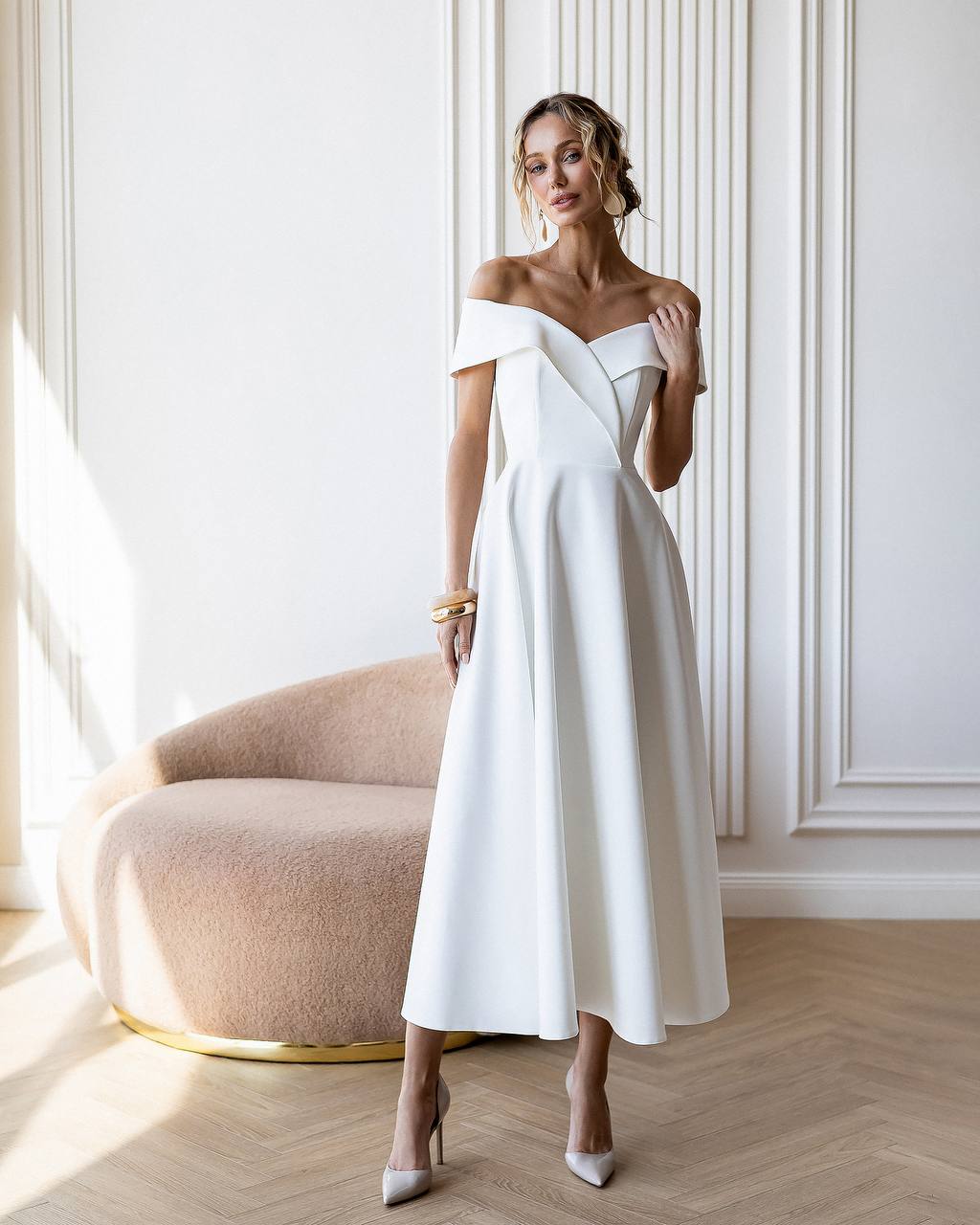 White Off Shoulder Tea Length Gown