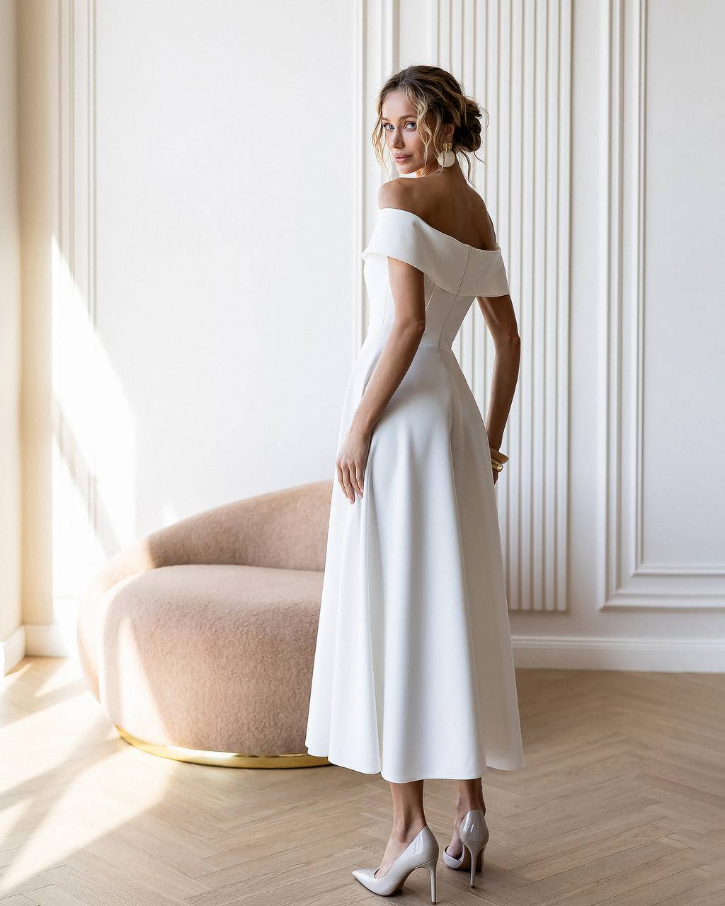 White Off Shoulder Tea Length Gown