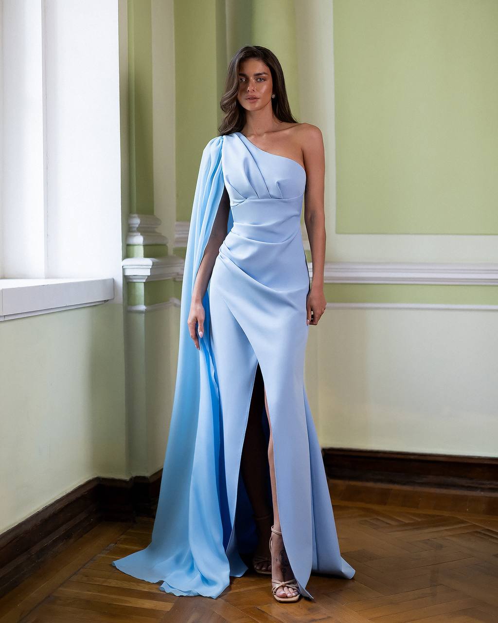 One Shoulder Maxi Dress | Cape Sleeve Formal Gown