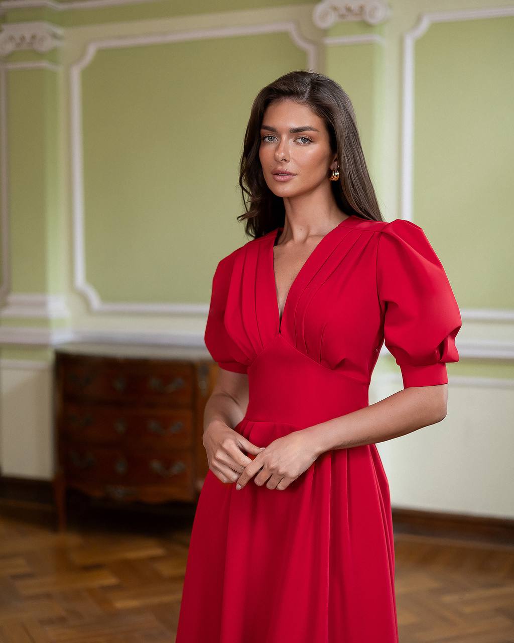 A-Line Midi Dress with Short Puff Sleeves