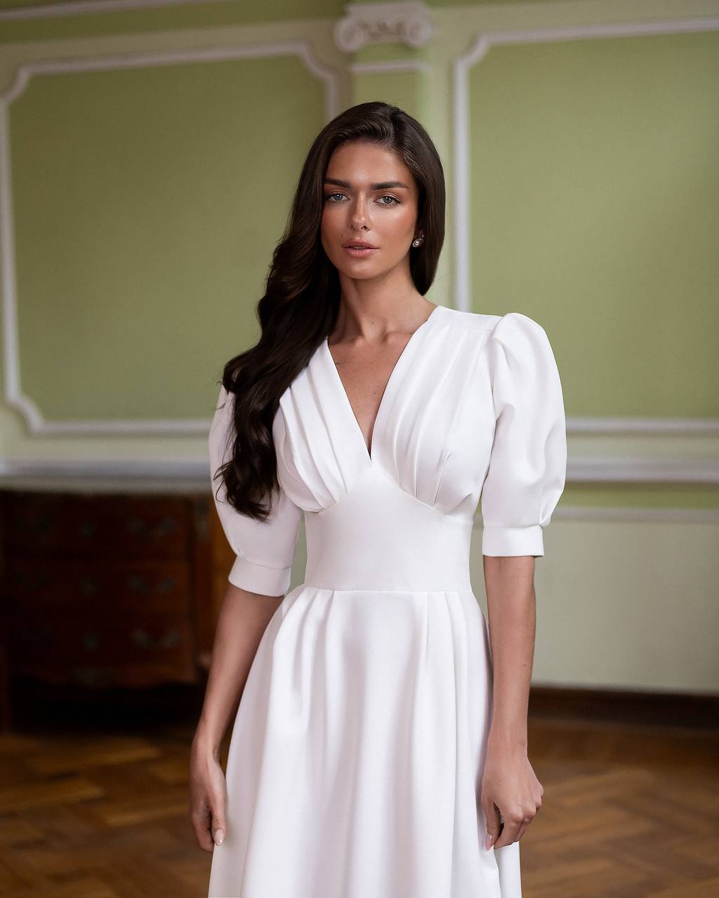 A-Line Midi Dress with Short Puffed Sleeves