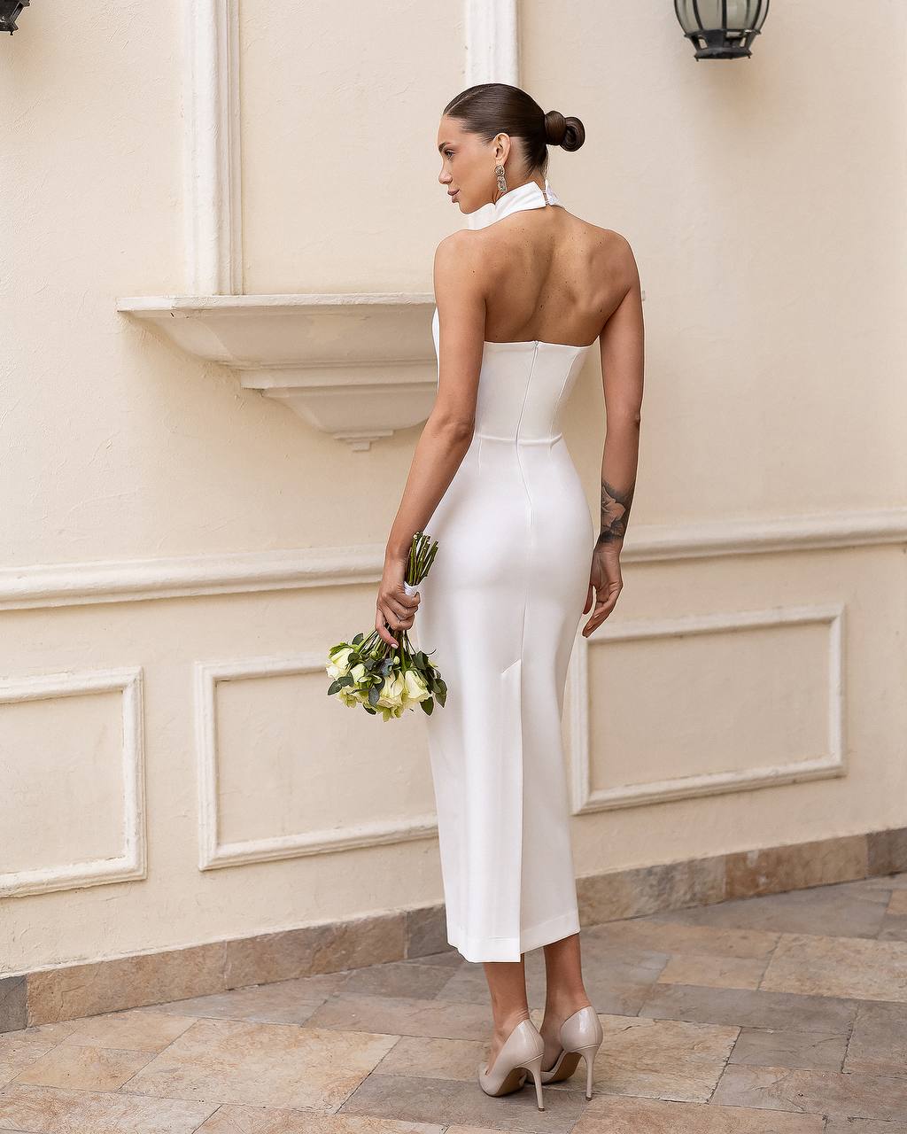 White Bodycon Halter Neck Midi Dress