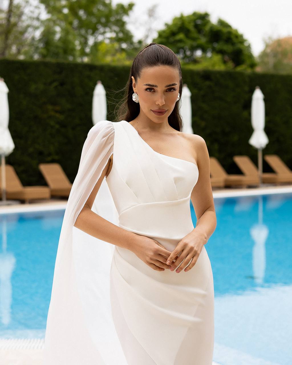 White One Shoulder Maxi Dress | Cape Sleeve Formal Gown
