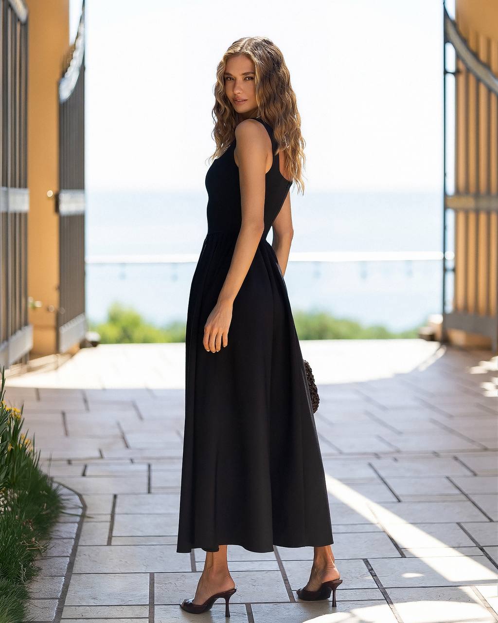 A-Line Midi Dress|Wide Straps and Flared Skirt