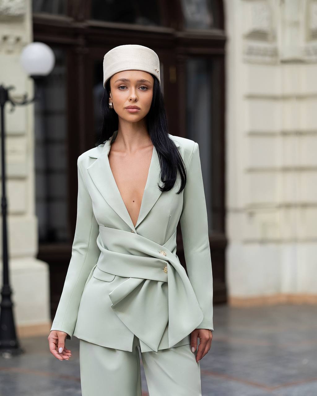 Women 3-Piece Pantsuit: Wide Leg Pants Single Breasted Blazer and Detachable Waist Sash