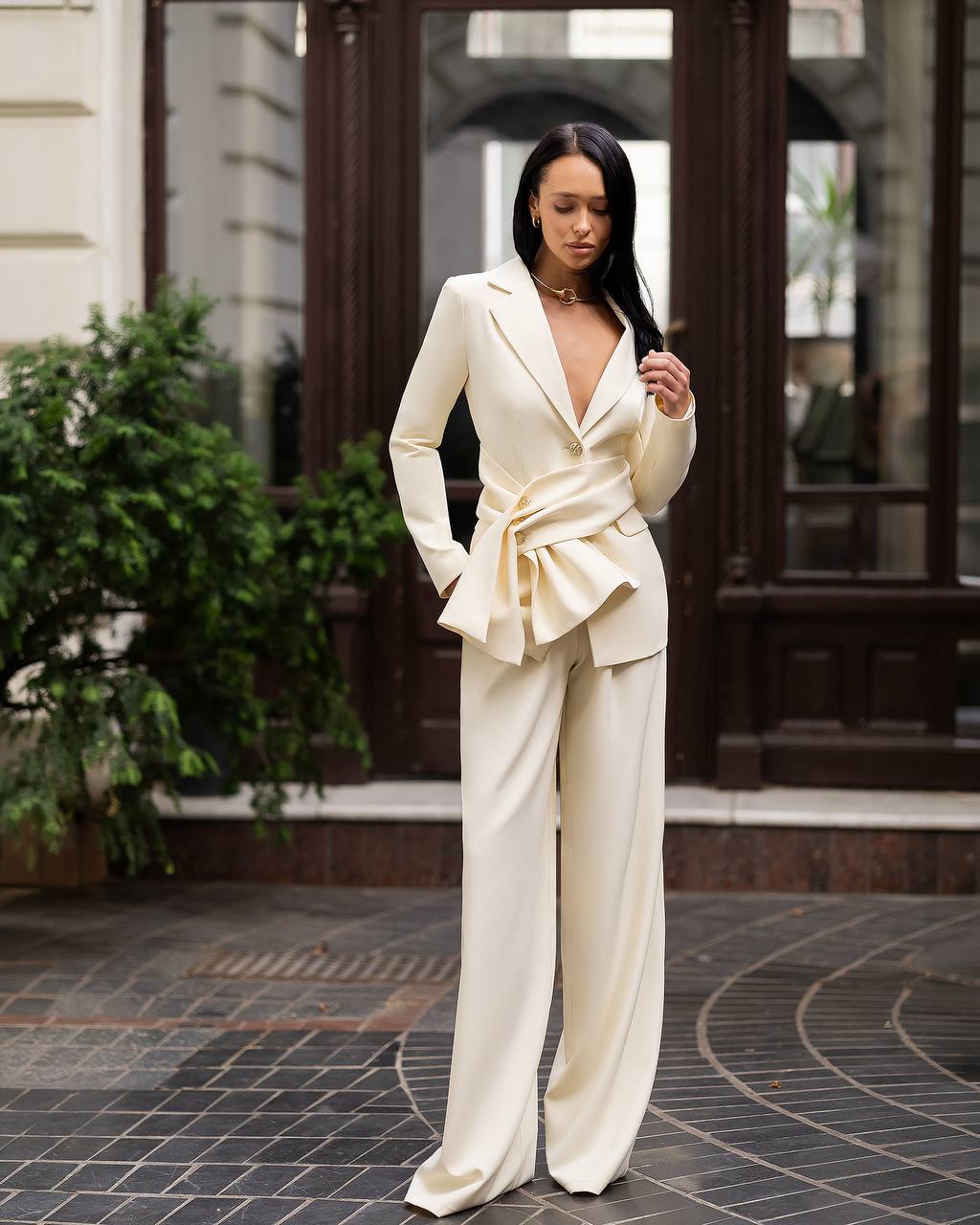 Women 3-Piece Pantsuit: Wide Leg Pants Single Breasted Blazer and Detachable Waist Sash