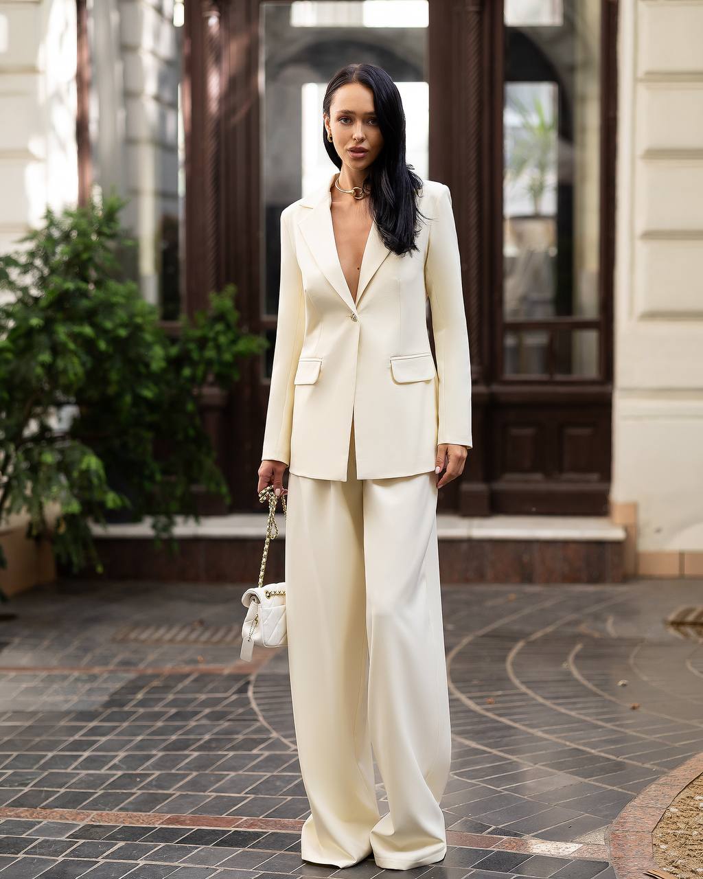 Women 3-Piece Pantsuit: Wide Leg Pants Single Breasted Blazer and Detachable Waist Sash
