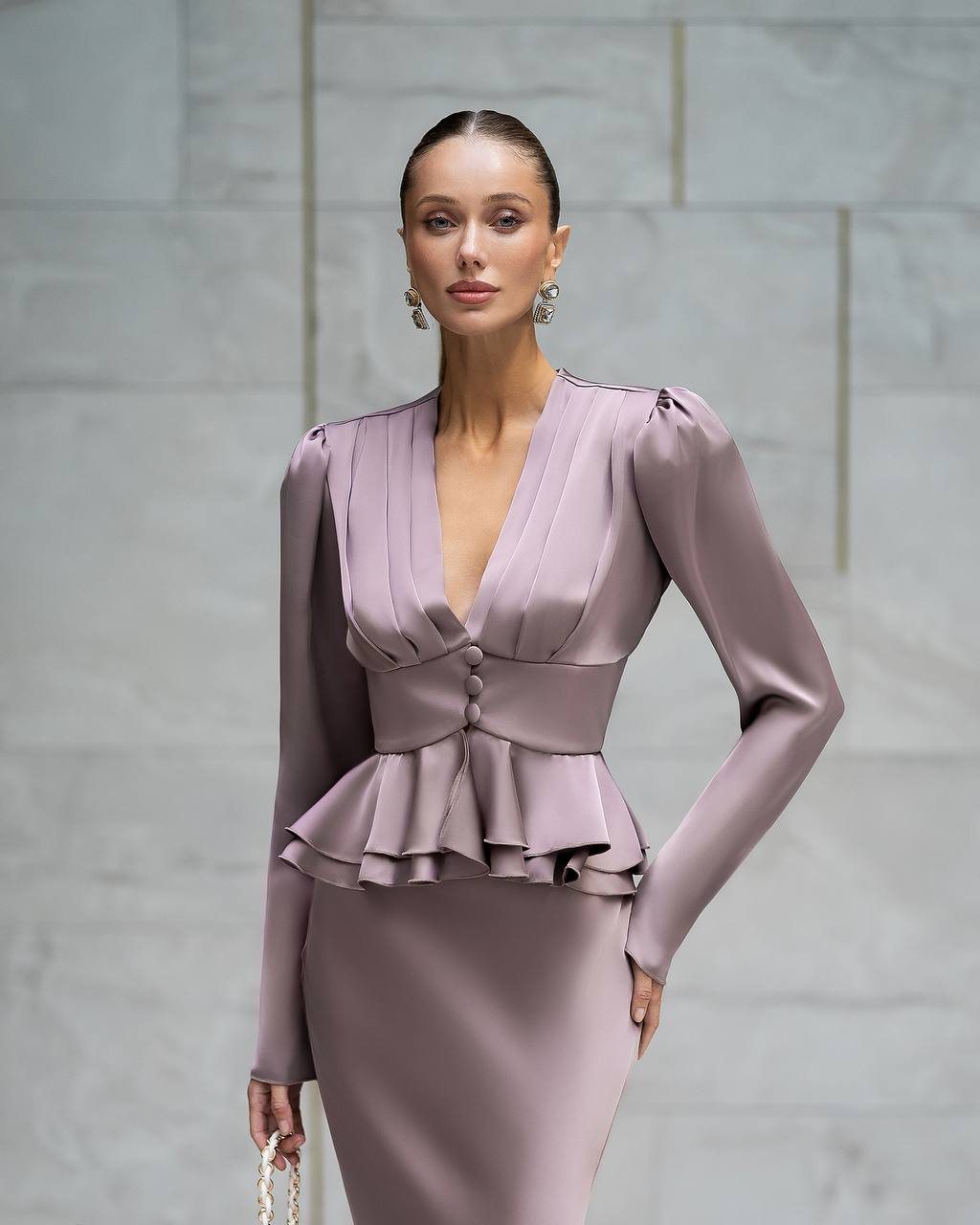 Women Silk Skirt Set| Long Sleeve Peplum Blouse with Midi Skirt