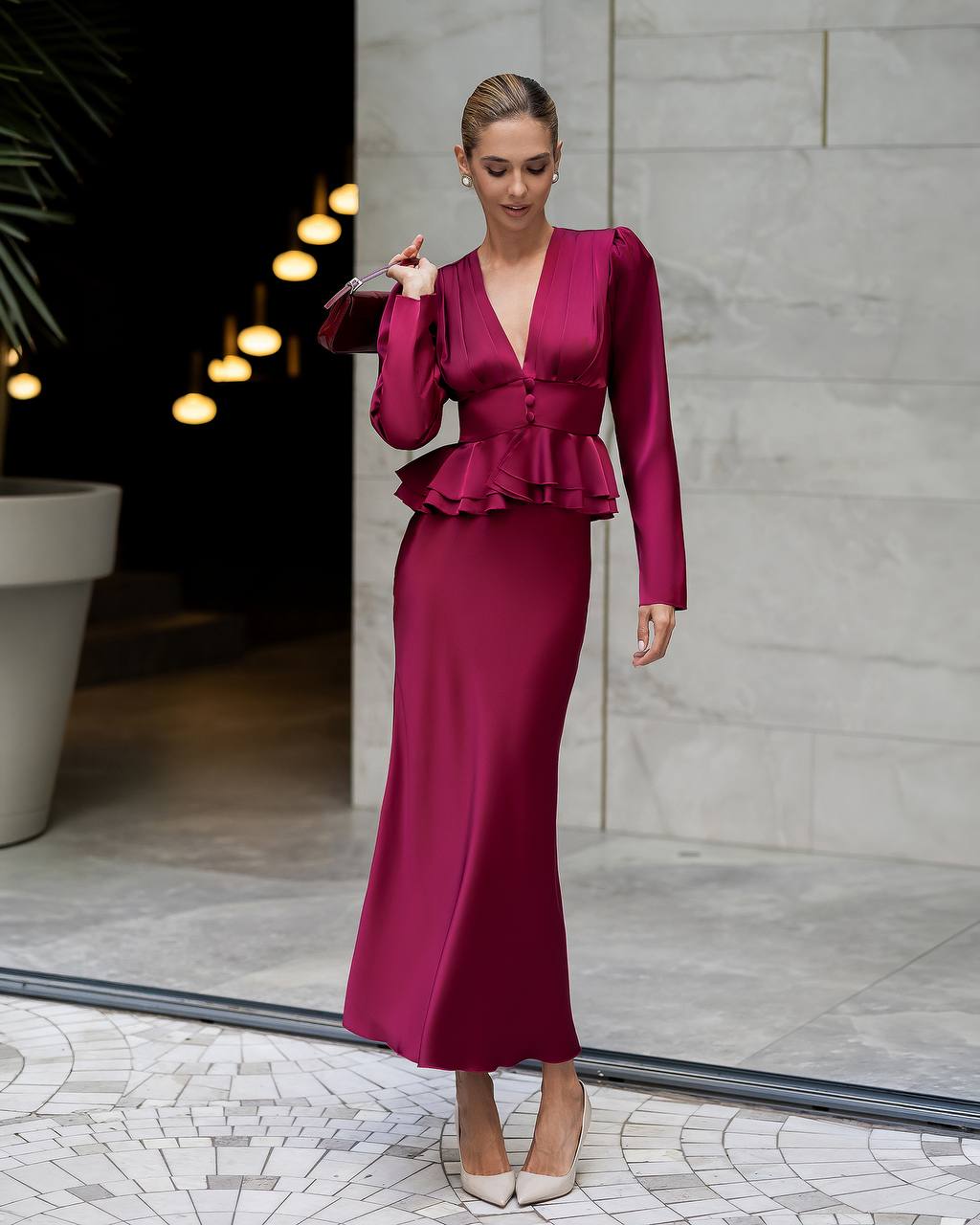 Women's Silk Skirt Suit Set| Peplum Blouse with Midi Skirt