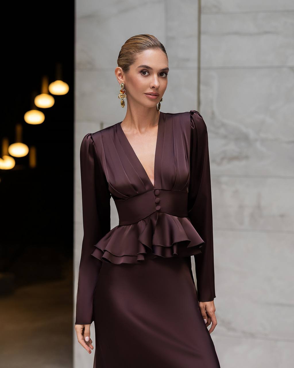 Women Silk Skirt Set| Long Sleeve Peplum Blouse with Midi Skirt