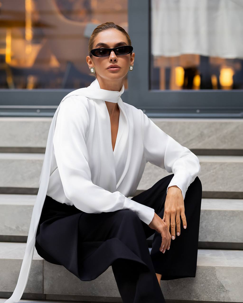 Women’s Silk Satin Wrap Blouse with Long Scarf Neck