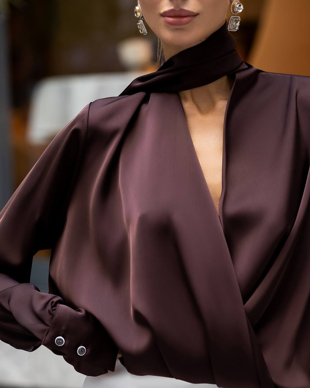 Women’s Silk Satin Wrap Blouse with Long Scarf Neck