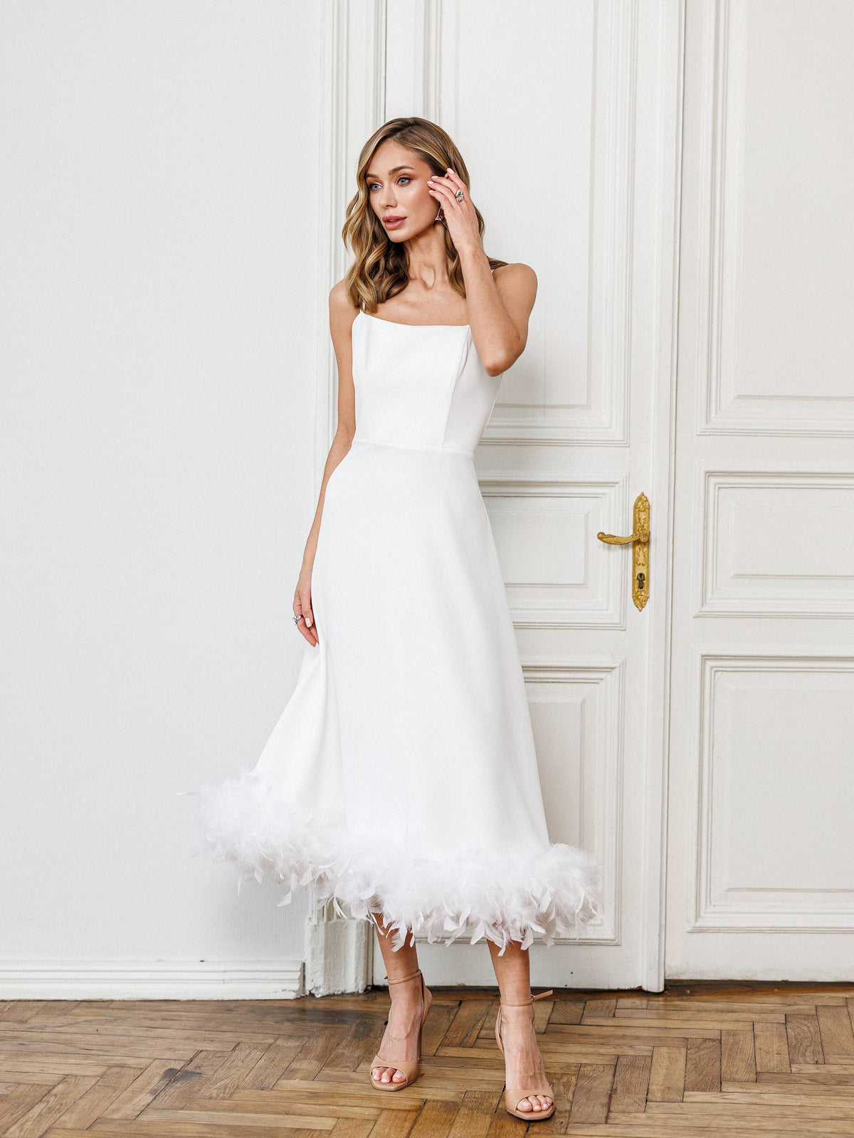 White A-Line Midi Dress with Feather Trim